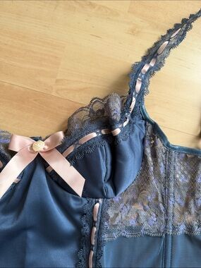 Coquette Navy Lace-Trim Longline Bustier with Pink Bow Set